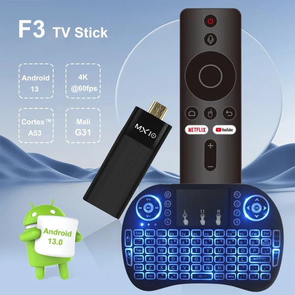 Fire TV Stick MX10 F3 and Mini Wireless Keyboard Allwinner H313 Quad-core Android 13 2.4G Air Mouse Remote with Colorful Backlit