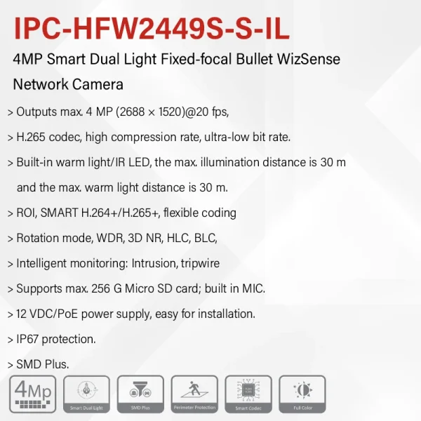 Dahua 4MP 8MP Full Color Bullet Camera With IR Warm Light Mic H.265+ Smart Human & Vehicle Detection HFW2449S-S-IL HFW2849S-S-IL