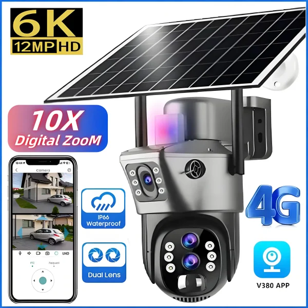kf-S572ec2136bca4ad2b281361e1420286fx 10x Zoom 4G SIM Solar Camera Outdoor 6K 12MP Three Lens HD Night Vision IP Surveillance Camera Security Protection PTZ CCTV Cam
