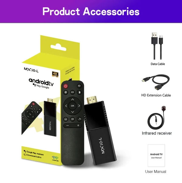 Google TV Fire Stick Android 14 MX10 L ARM Mali-400 MP2 WiFi 2.4G + BT4.0 4GB 64GB TV Stick Consoles Support 24 Languages