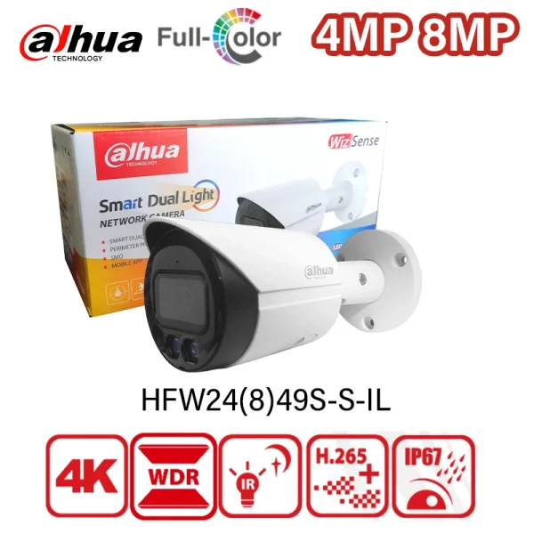 Dahua 4MP 8MP Full Color Bullet Camera With IR Warm Light Mic H.265+ Smart Human & Vehicle Detection HFW2449S-S-IL HFW2849S-S-IL